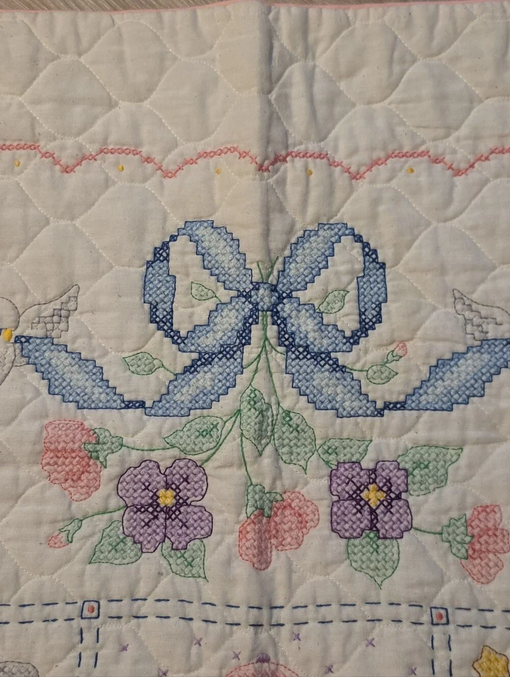 2009 Completed Bucilla Plaid Babies Are Precious Cross Stitch Baby Blanket